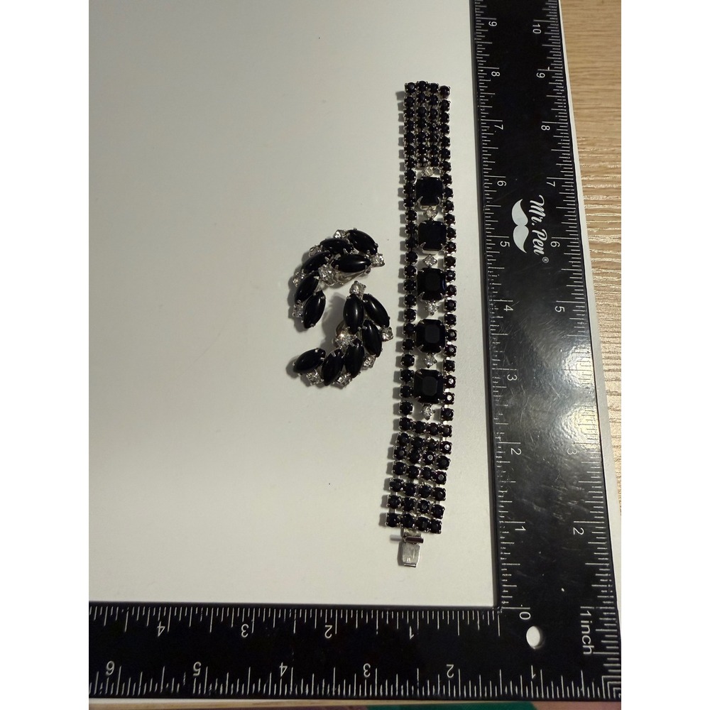 Weiss Vintage Black Rhinestone Bracelet and Clip‎ On Earrings Set Silver Tone